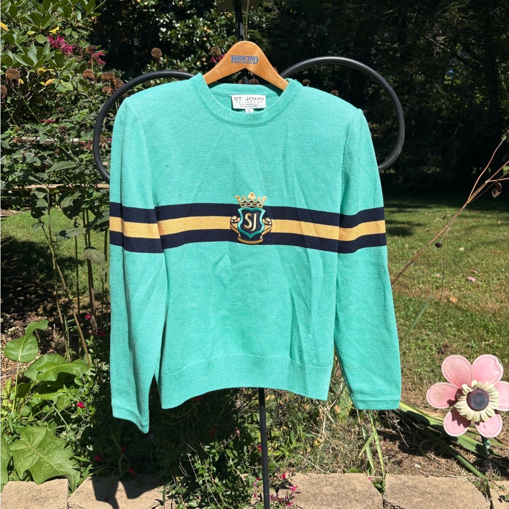 Vintage St. John collection green Teal knit Sweater with Crest and Stripes